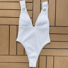 Modern Rib Knit Cheeky Metallic Loop Deep V Brazilian One Piece Swimsuit