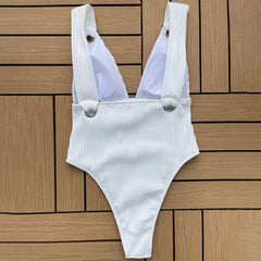 Modern Rib Knit Cheeky Metallic Loop Deep V Brazilian One Piece Swimsuit