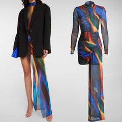 MULTI COLOR MINI DRESS with SIDE TRAIN