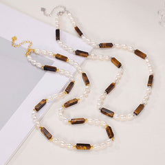 Natural Freshwater Pearl Beaded Baguette Cut Tiger Eye Choker Necklace