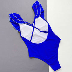 Nautical Cheeky Contrast Layered Ruffle V Neck Brazilian One Piece Swimsuit