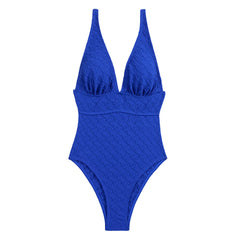 Traje de baño brasileño de una pieza con textura, estilo náutico, escote en V profundo y unicolor