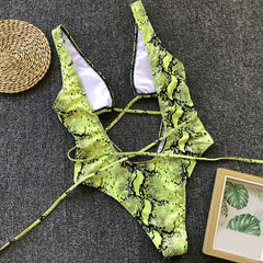 Neon Snake Print High Cut Cross Cutout Deep V Brazilian One Piece Swimsuit