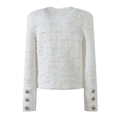 Opulent Crew Neck Button Up Padded Long Sleeve Textured Wool Knit Cardigan