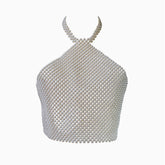 Opulentes kurzes, handgefertigtes Neckholder-Top mit Körperkette und Kunstperlen