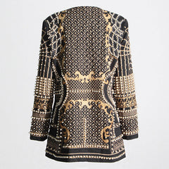 Opulenter, perlenbesetzter, einreihiger, kragenloser Longblazer mit V-Ausschnitt – Gold