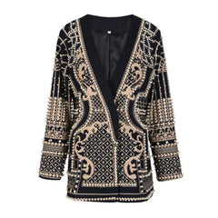 Opulenter, perlenbesetzter, einreihiger, kragenloser Longblazer mit V-Ausschnitt – Gold