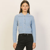 Oversized Collar Long Sleeve Cashmere Blend Crop Cardigan - Dusty Blue