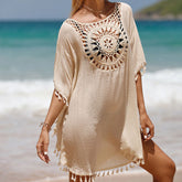 Übergroßes brasilianisches Mini-Strandkleid mit Schlüsselloch und Quastenärmeln