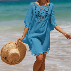 Oversized Tasseled Sleeved Keyhole Crochet Brazilian Mini Beach Cover Up