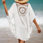 Oversized Tasseled Sleeved Keyhole Crochet Brazilian Mini Beach Cover Up