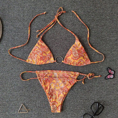 Paisley Print Metal Ring Slide Triangle Brazilian Two Piece Bikini Swimsuit