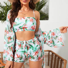 Palm Print High Waist Boy Short Brazilian Four Piece Bikini Swimsuit