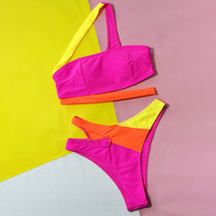 Peaky Color Panel High Leg Cheeky Cut Out Brazilian Two Piece Bikini Swimsuit
