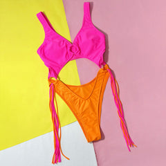 Perky Contrast Color Fringe High Leg O Ring Cutout Brazilian One Piece Swimsuit