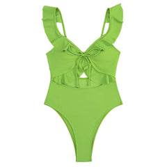 Playful Moderate High Leg Ruffle Cutout Tie Front Brazilian One Piece Swimsuit