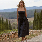 Vestido veraniego midi estilo pradera con escote cuadrado, corpiño, ribete de botones, cintura baja y bolsillos laterales