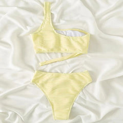 Pretty Textured O Ring One Shoulder Brazilian Two Piece Bikini Swimsuit