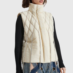 WHITE PUFFER VEST with RhinestoneS
