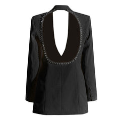 Radiant Crystal Cutout Back Lapel Long Sleeve Single Breasted Slim Blazer