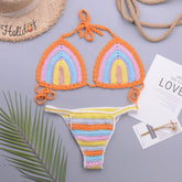 Rainbow Style Crochet Halter Slide Triangle Brazilian Two Piece Bikini Swimsuit