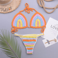 Rainbow Style Crochet Halter Slide Triangle Brazilian Two Piece Bikini Swimsuit