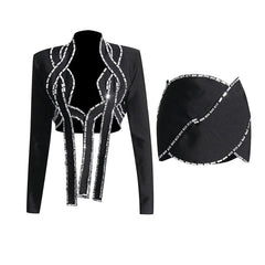 Rebellisches, verziertes Kristallseil, niedrige Taille, figurbetonter, kurzer Blazer mit Ausschnitt, passendes Set
