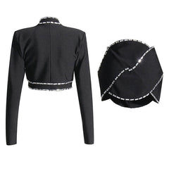 Rebellisches, verziertes Kristallseil, niedrige Taille, figurbetonter, kurzer Blazer mit Ausschnitt, passendes Set