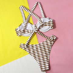 Retro Geometric High Leg Cheeky Underwire Brazilian Two Piece Bikini Swimsuit