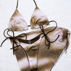 Retro Tie Dye Strappy Cheeky Ruffle Triangle Brazilian Three Piece Bikini Swimsuit