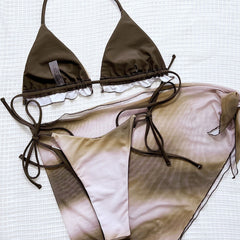 Retro Tie Dye Strappy Cheeky Ruffle Triangle Brazilian Three Piece Bikini Swimsuit
