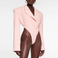 Sassy Cutout Peak Lapel Shoulder Pad Long Sleeve BlazerBodysuit - Pink