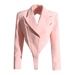 Sassy Cutout Peak Lapel Shoulder Pad Long Sleeve BlazerBodysuit - Pink