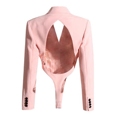 Sassy Cutout Peak Lapel Shoulder Pad Long Sleeve BlazerBodysuit - Pink