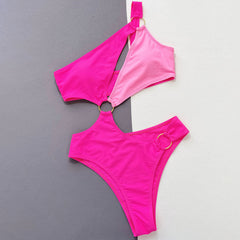 Traje de baño brasileño de una pieza con monokini de un solo hombro y pierna alta con aro O