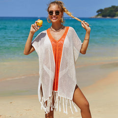 Minivestido playero brasileño de punto de crochet transparente con abertura hasta el muslo y rayas bicolores