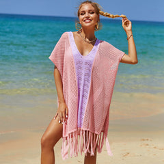 Minivestido playero brasileño de punto de crochet transparente con abertura hasta el muslo y rayas bicolores
