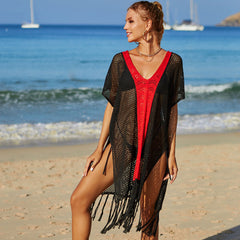 Minivestido playero brasileño de punto de crochet transparente con abertura hasta el muslo y rayas bicolores