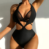 Frecher Lagen-Netzeinsatz mit Cut-Outs, Neckholder-Monokini, brasilianischer Einteiler