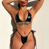 Frecher Tanga-Riemchen-Vinyl-Mikro-Triangel-brasilianischer zweiteiliger Bikini-Badeanzug