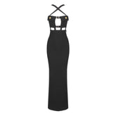Sexy Crossover Front Chest Pocket Cutout Buckled Strap Split Maxi Evening Dress