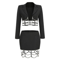 Sexy Crystal Embellished Cutout Lapel Collar Crop BlazerMatching Set - Black
