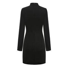 Sexy Cutout Front Lace Panel High Neck Long Sleeve Bodycon Mini Party Dress