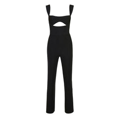 Sexy Bandage-Jumpsuit mit Ausschnitt, quadratischem Ausschnitt, Strumpfhalter und geradem Bein