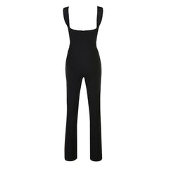Sexy Bandage-Jumpsuit mit Ausschnitt, quadratischem Ausschnitt, Strumpfhalter und geradem Bein