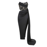 Vestido de noche largo con abertura alta y corsé plisado con panel de encaje floral sexy