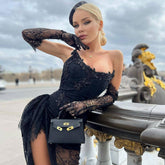 Vestido de noche largo sexy con encaje, guantes y diamantes de imitación, sin tirantes, fruncido y corsé.