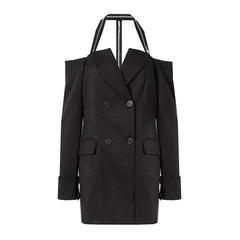 Sexy Halter Zip Detail Off The Shoulder Long Sleeve Double Breasted Mini BlazerDress