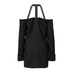 Sexy Halter Zip Detail Off The Shoulder Long Sleeve Double Breasted Mini BlazerDress