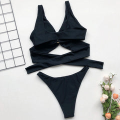 High Cut Tie Back Triangle Brazilian Two Piece Bikini Swimsuit